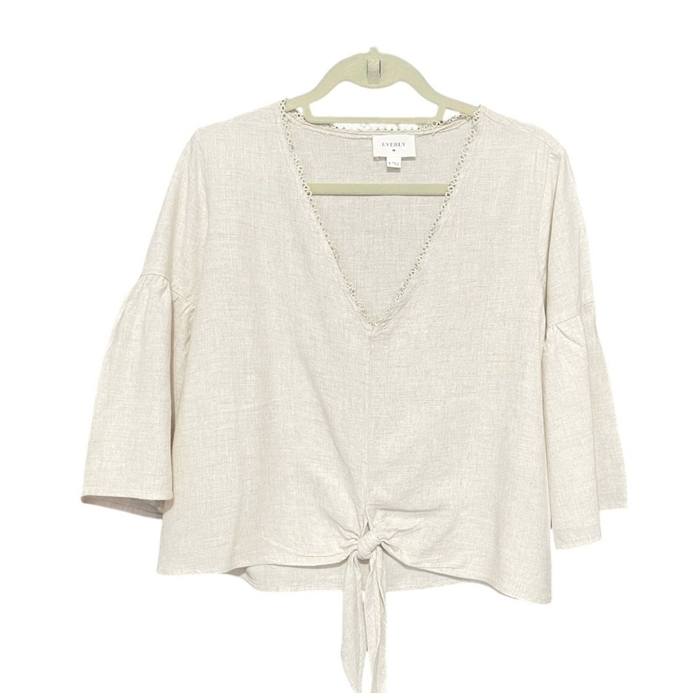 Everly Farmhouse 3/4 Sleeves Linen Blouse‎ Top Size M Beige
